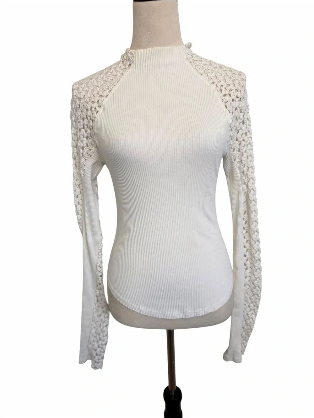 Free People Clemente Mixed Media White Mock Neck Crochet Lace Sleeves